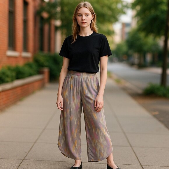 Free People Hippie Cotton Pull-On Asymmetrical Flare Hem Crepe Crinkle Pant L - Picture 1 of 12